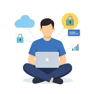 A person sitting cross-legged with a laptop, surrounded by floating icons repres