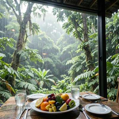 Monteverde cloud forest, filtered canopy light, Fresh tropical fruit plate at a 