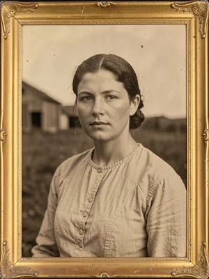 Rural woman in plain dress, strong face, outdoor light even and flat — field or 
