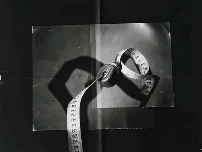 A photogram of a tape measure unspooled — numerals absent, only the shadow form