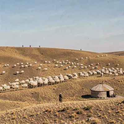 Gobi steppe horizontal, Mongolian vastness, Shepherd with flock of cashmere goat