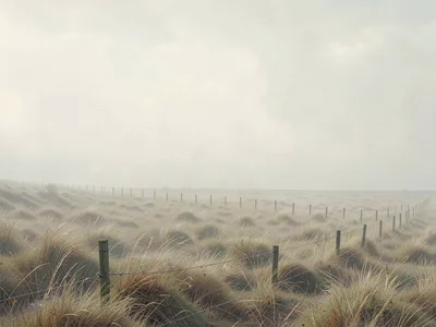 Half-buried fence posts running across a windblown plain, every post smaller tha