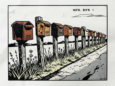 A row of mailboxes on wooden posts along a rural road, each a different state of