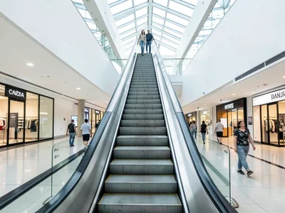 Escalators in minimalist mall