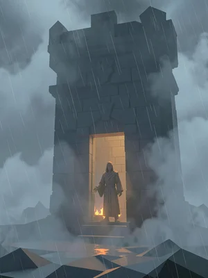 Robed figure standing in the doorway of a stone tower with the inside lit by ora