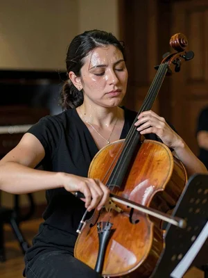 A cellist during intense practice, eyes closed, sweat on her brow, completely lo