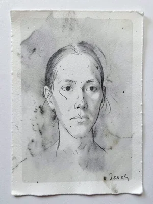 Monoprint trace drawing, pencil pressed on paper laid over inked plate, only the