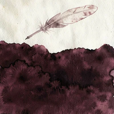 A single feather rests at the upper-edge in soft cream against deep wine, the ba