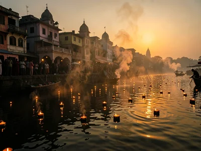 Floating diyas on Ganges evening