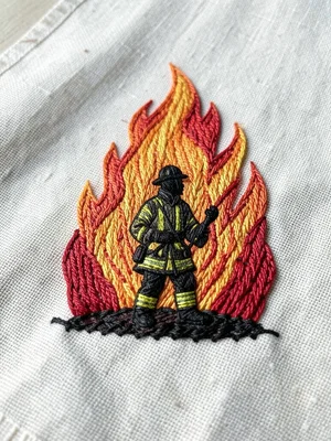 A single firefighter silhouetted against an embroidered wildfire in satin stitch