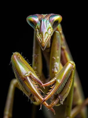 A praying mantis cleaning its raptorial forelegs, the serrated spines visible, t