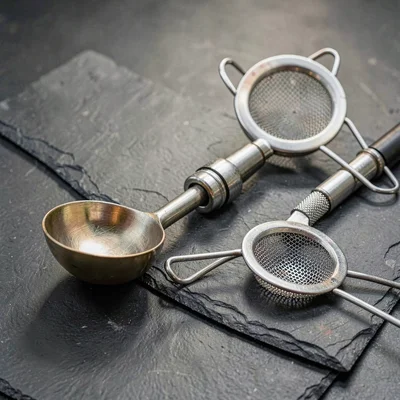 Studio product still of a jigger, bar spoon and hawthorne strainer arranged in a