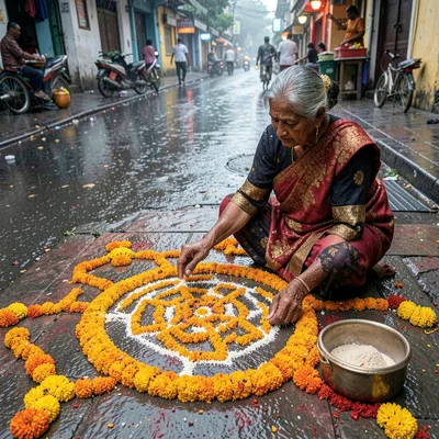 Looking down at Chennai's overlooked patterns, Old woman completing an elaborate