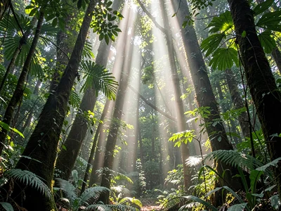 Humidity visible as light beam texture through forest