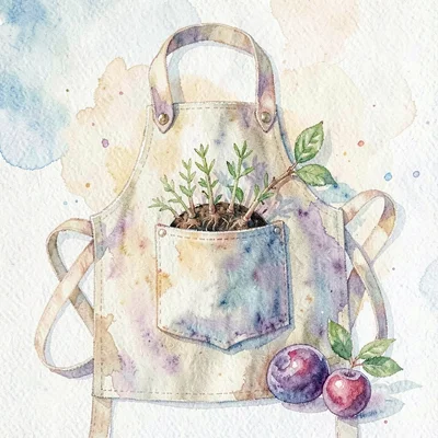 Gouache scene of an apron with stem cuttings tucked in the pocket, plum and butt