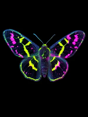 A moth with wings spread on black background, UV-fluorescent wing patterns revea