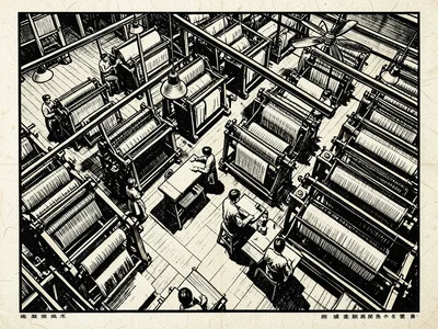 A factory floor seen from above — rows of textile looms, workers at stations, bo