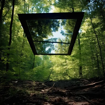 Photo A mirror placed flat on a forest floor reflects