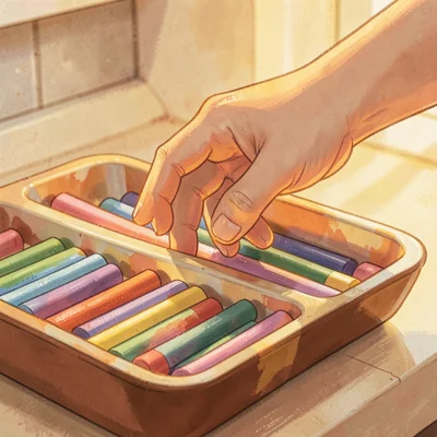 Warm illustration of a hand reaching into a tray of pastel sticks, sun-warm pigm