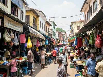 Lagos street market at noon, the economy of survival stacked and hanging and spr