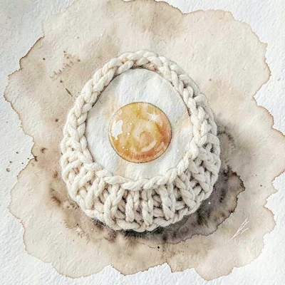 Egg-shaped cream knit boiled-egg with a chunky-knit stockinette shell, on warm o