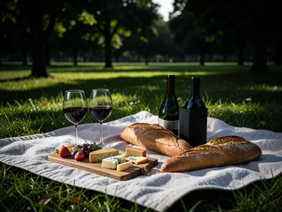 Picnic blanket on grass with wine, cheese board, and baguette, park setting