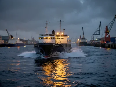 A ferry crossing in a storm: spray over the bow, grey sky meeting grey sea, navi
