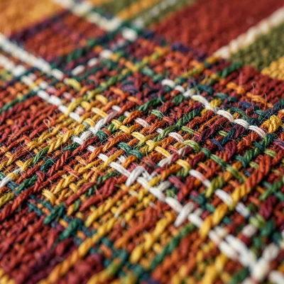 Close-up of tartan plaid textile in autumn palette, thanksgiving tablecloth