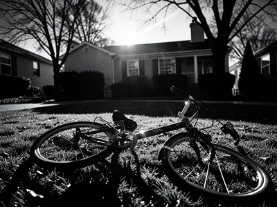 Bicycle abandoned on lawn, dramatic side shadow, evidence at a suburban crime sc