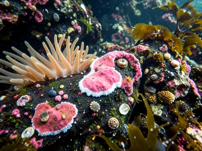 Coralline algae encrusted rock surface, pink calcium carbonate crust with white 