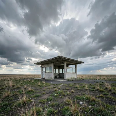 Vast horizontal landscape, extreme width composition, Abandoned Soviet bus stop 