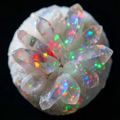 Opal showing fire play of colors, red and green flashes inside milky white matri