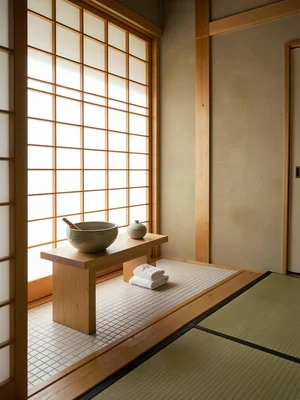 Hinoki Washstand with Ceramic Bowl
