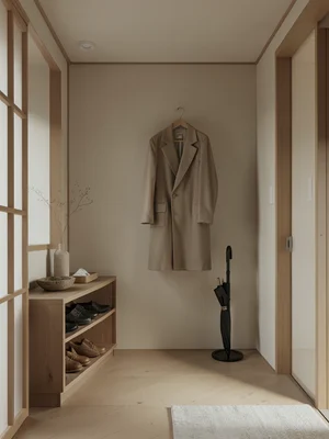 Japanese-inspired entryway with wooden shoe cabinet, single hanging coat, umbrel