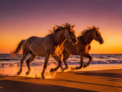 Wild horses running on beach at sunset, manes catching fire light, hooves kickin