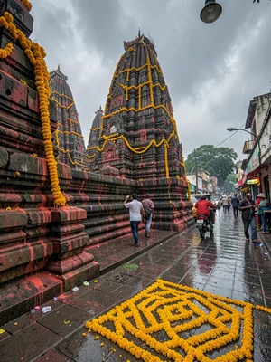 Temple gopuram with marigold garlands