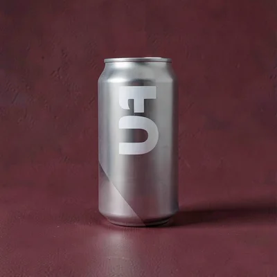Beer can three-quarter angle on a deep cranberry seamless, label texture catchin