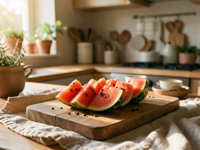 Watermelon slices arranged on cutting board, seeds visible, summer kitchen