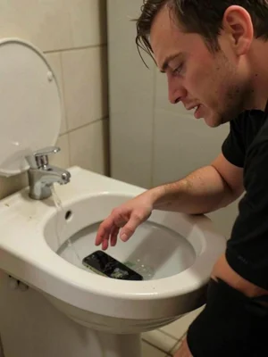 Person who just dropped their phone in the toilet, hand still reaching, face pro