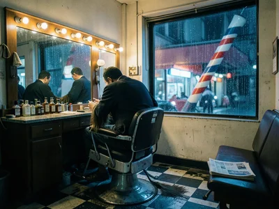 An old barbershop at closing time, the barber sweeping hair from around the sing