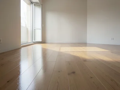 Freshly mopped hardwood floor reflecting sunlight from open window