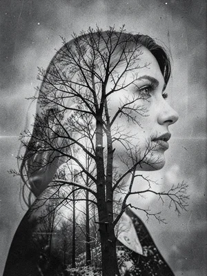 Widow's profile merged with winter branches, grief growing through her like bare