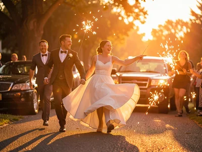 Newlyweds running to car through sparklers, golden hour plus sparkler light, dre