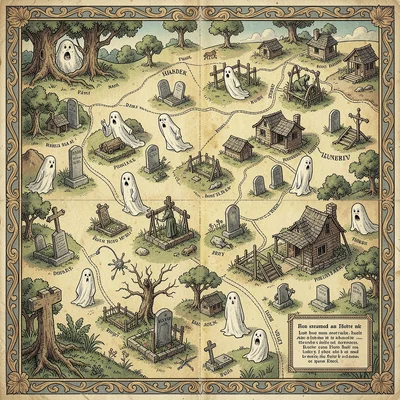 Illustrated map illustration, Haunted locations map with ghosts and graveyards ,