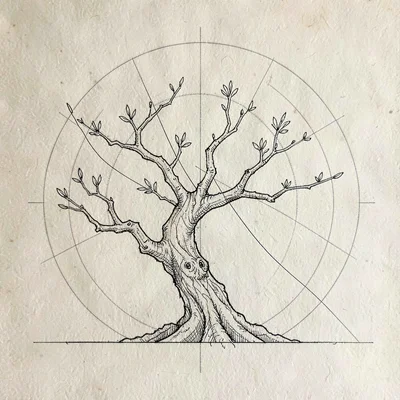Instructional blueprint diagram of an ikebana arrangement with shin, soe, and hi