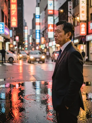 Salaryman waiting at a rain-slicked intersection, neon signs defocused behind hi