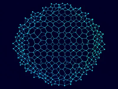 Hexagonal mesh dissolving at the edges, cyan nodes on deep navy background