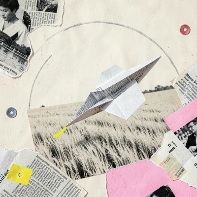 Wide editorial-style header of an abstract folded paper plane crossing a cream f