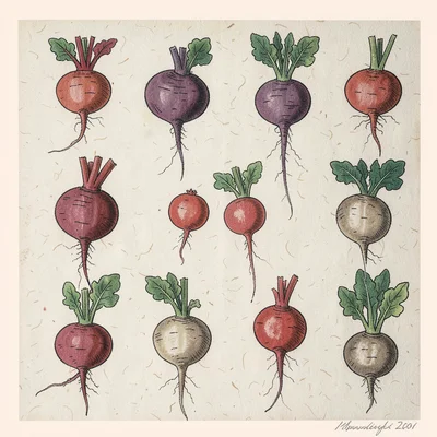 Grid of root vegetables — beets, radishes, turnips — arranged on undyed paper