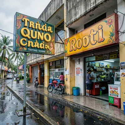 Vivid photograph with Trinidadian cultural fusion aesthetic, Chinese restaurant 